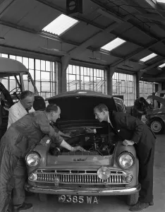 Garage Prints: Automotive supplies representative with a 1960 Hillman Husky at a Sheffield Garage, 1963
