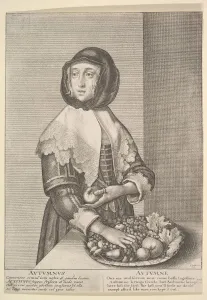 Personification Gallery: Autumnus - Autumn (Three-quarter-length seasons), 1641. Creator: Wenceslaus Hollar