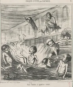 Swimming Baths Prints: Aux bains a quatre sous, 19th century. Creator: Honore Daumier