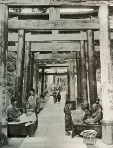 Ponting Prints: An Avenue of Torii at Inari, 1910. Creator: Herbert Ponting