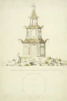 Chinoiserie Prints: Aviary at Kina Castle, Drottningholm - Facade and plan