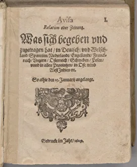 Printing Press Prints: Aviso. Relation oder Zeitung. Title page of the first edition, 1609