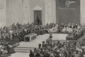 Awarding of prizes during the Floral Games, auditorium of the Central University, Madrid...1878. Creator: Juan Comba Garcia
