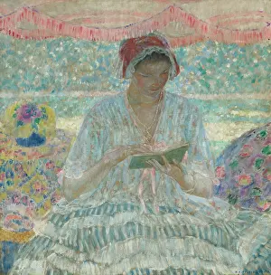 Reading Woman Prints: Under the Awning, 1916. Creator: Frieseke, Frederick Carl (1874-1939)