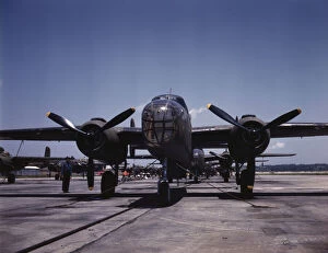 Airfield Collection: B-25 bombers on the outdoor assembly line at North American Aviation... Kansas City, Kansas, 1942