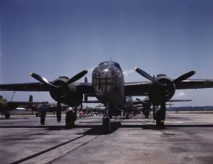 War Industry Prints: B-25 bombers on the outdoor assembly line at North American Aviation