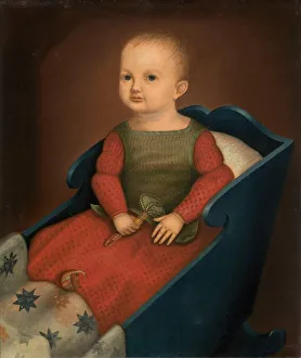 Rattle Prints: Baby in Blue Cradle, c. 1840. Creator: Unknown
