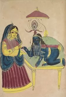 With Graphite Underdrawing On Paper Gallery: Baby Krishna Asking for Butter from Yashoda, 1800s. Creator: Unknown