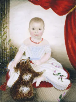 Rattle Prints: Baby with Rattle and Dog, 1842. Creator: Clarissa Peters