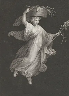 A bacchante carrying a large basket on her head and holding a staff in her le... ca