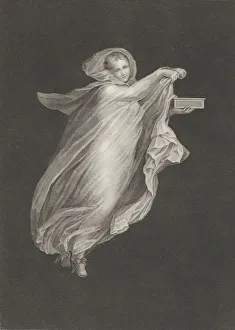 A bacchante wearing a hooded shawl and holding a box in her left hand, set ag... ca