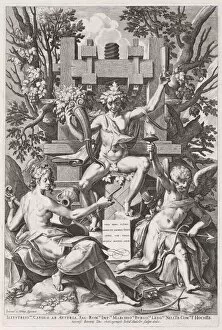 Sadeler I Gallery: Bacchus Seated on a Barrel between Amor and Music, c. 1590. Creator: Johann Sadeler I