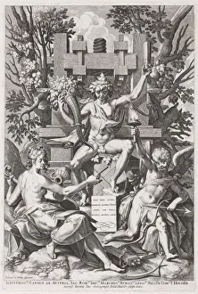 Dionysos Prints: Bacchus Seated on a Barrel between Amor and Music, c. 1590. Creator: Johann Sadeler I