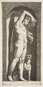 Dionysos Prints: Bacchus standing in a niche holding grapes in his raised right hand, fruit in his l