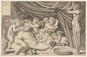 Cherub Collection: Bacchus surrounded by Putti, a statue of Priapus at right, 1530-60
