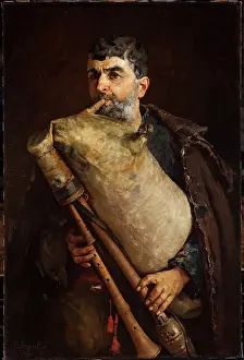 Bagpipes Prints: Bagpipe Player, 1879. Creator: Pantaleon Szyndler