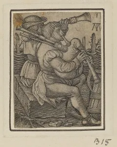Bagpipe Prints: Bagpipe Players, c. 1540. Creator: Martin Treu