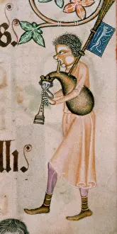 Bagpipes Prints: A bagpiper, c1300-c1340. Creator: Unknown