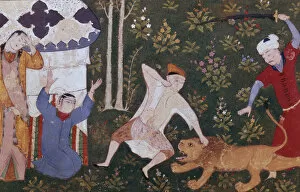Russian National Library Collection: Bahram Gur kills the lion, 16th century