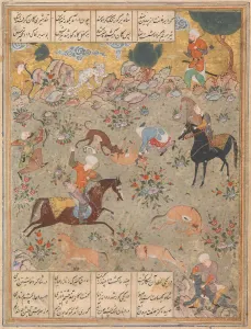 Ganjavi Nezami Prints: Bahram Gur Shows His Skill Hunting, while Fitna Watches, Folio from a Haft
