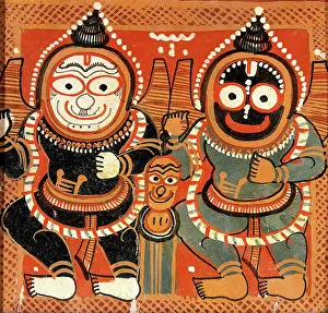 Oil On Paper Prints: Balarama and Jagannath raising their right hands and holding their left hands