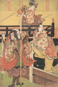 On a Balcony a Woman is Seated Playing a Tsuzumi, below a Man in Daimyo Costume is Sea On a Balcony a Woman is Seated Playing a Tsuzumi, below a Man in Daimyo Costume is Sea