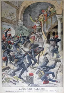 In the Balkans: Macedonians defending themselves with bombs against Turkish Soldiers, 1903 In the Balkans: Macedonians defending themselves with bombs against Turkish Soldiers, 1903