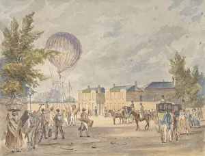 St Johns Wood Prints: Balloon Ascending Near the Entrance to Lords Cricket Ground, 1839, ca. 1839