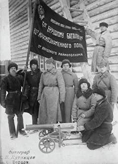 Russian Text Prints: The banner of the Berdsk regional executive committee is held by the soldiers of the 3rd