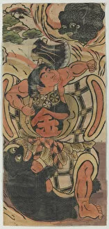 Hand Coloured Woodblock Print Gallery: Banner Depicting Kintaro Battling Bears, 18th century. Creator: Unknown