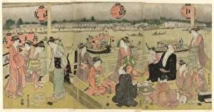 Oban Triptych Prints: A Banquet in a Pleasure House on the Bank of the Okawa (Okawa bata giro jo no yusen), c