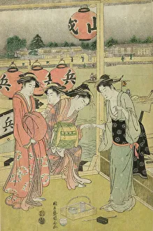 Oban Triptych Prints: A Banquet in a Pleasure House on the Bank of the Okawa (Okawa bata giro jo no yusen)