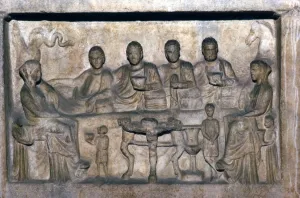 Stele Prints: Banquet scene on funeral stele from Erdok, Turkey, Hellinistic period, c323 BC-31BC