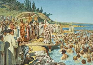 The baptism of the residents of Kiev in 988. Artist: Lebedev, Klavdi Vasilyevich (1852-1916)