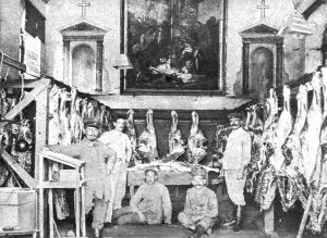 Butchers Prints: Barbarie; Les methodes Allemandes; Une chapelle du Nord convertie en boucherie militaire