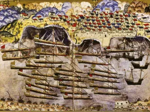 Barbarossas fleet wintering in the French harbour of Toulon, 1543, Mid of 16th century. Artist: Nasuh, Matrakci (1480-c) Barbarossas fleet wintering in the French harbour of Toulon, 1543, Mid of 16th century. Artist: Nasuh, Matrakci (1480-c)