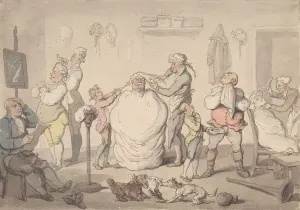 Cutting Prints: The Barbers Shop, 1785-1805. Creator: Thomas Rowlandson
