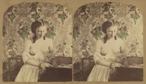 Stereoscopy Prints: Bare-breasted woman looking down, about 1870. Creator: Unknown