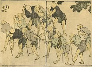 Barefoot elderly men with walking sticks, 1820, (1924). Creator: Hokusai