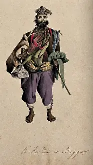 Beads Prints: A barefoot man wearing a cloak, hat and beads: he is carrying a stick. Creator: Unknown