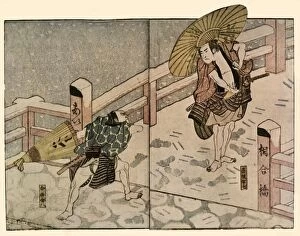Dutton Gallery: Barefoot men with parasols in the snow, 1811, (1924). Creator: Naniwa Shunkosai