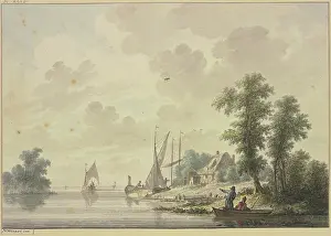 Waters Edge Prints: A barge lies by a farmhouse, a riverbank is visible in the foreground on the right