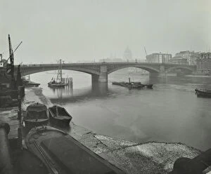 Bankside Gallery: Barges at Bankside, looking upstream towards Southwark Bridge, London, 1913