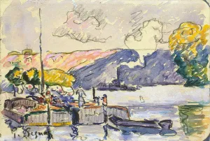 Two Barges, Boat, and Tugboat in Samois, c1900. Artist: Paul Signac Two Barges, Boat, and Tugboat in Samois, c1900. Artist: Paul Signac