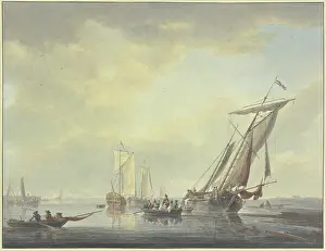 Marine Prints: Barges lie on the beach; a boat with many people