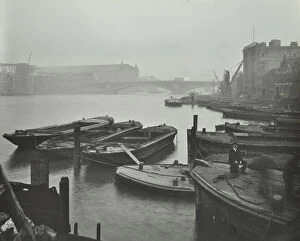 Bankside Gallery: Barges moored at Bankside wharves looking downstream, London, 1913