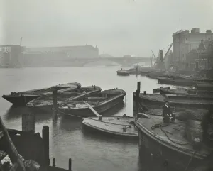 Bankside Prints: Barges moored at Bankside wharves looking downstream, London, 1913