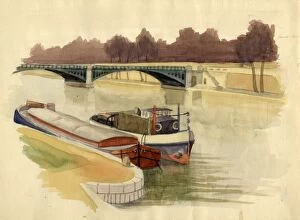 Barges on the River Thames near Battersea Bridge, London, c1951. Creator: Shirley Markham