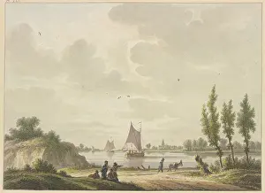 Waters Edge Prints: Three barges sail on a river, a man with a donkey in the foreground