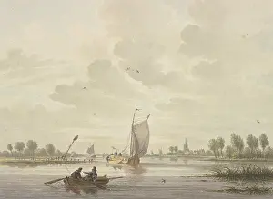 Panorama Prints: Several barges sail on a river, a rowboat in the foreground. Creator: Nicolaas Wicart